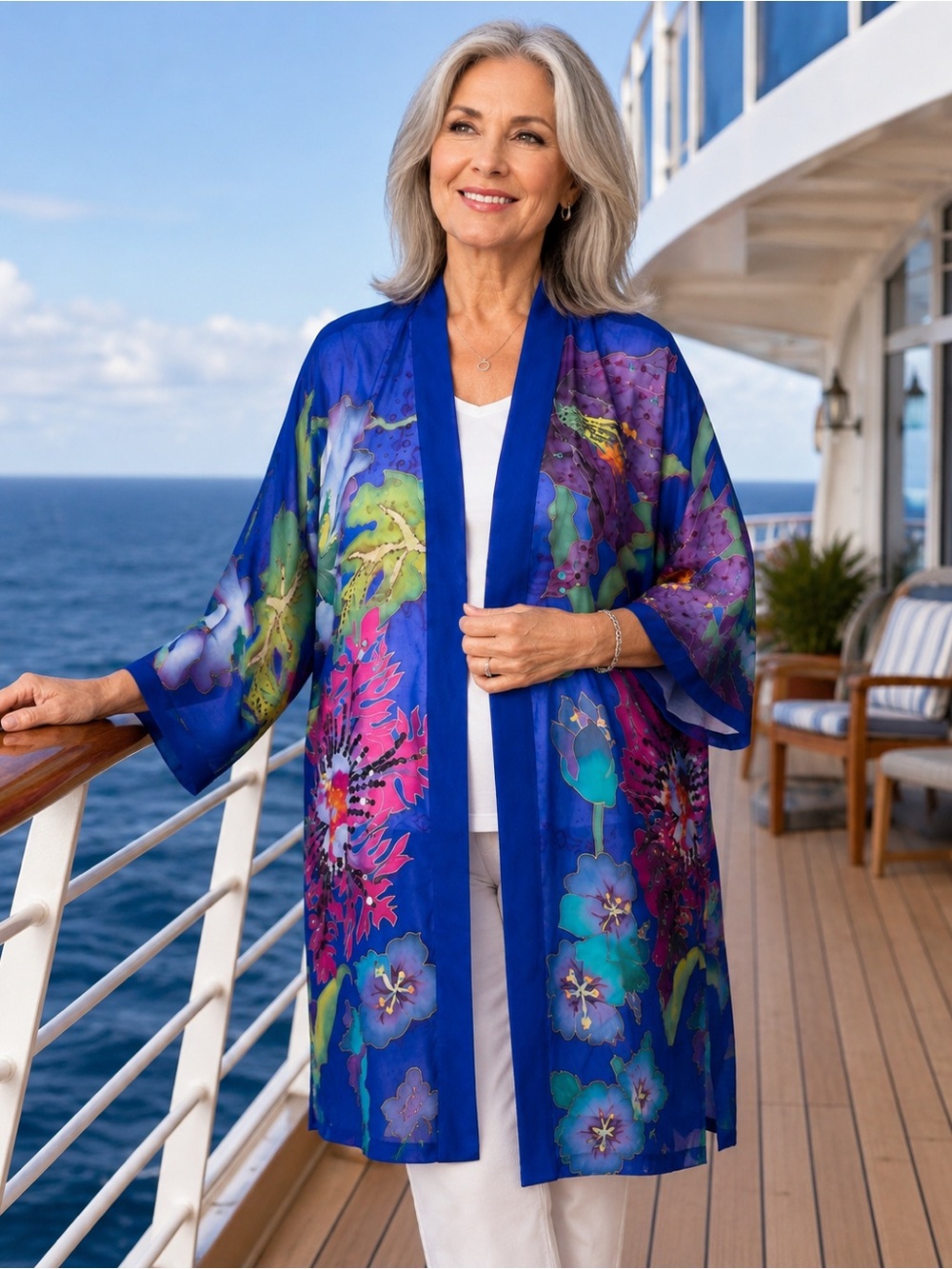 Draper’s & Damon’s Silk Beaded Floral Kimono Jacket Cover Up OS Boho Luxe Resort